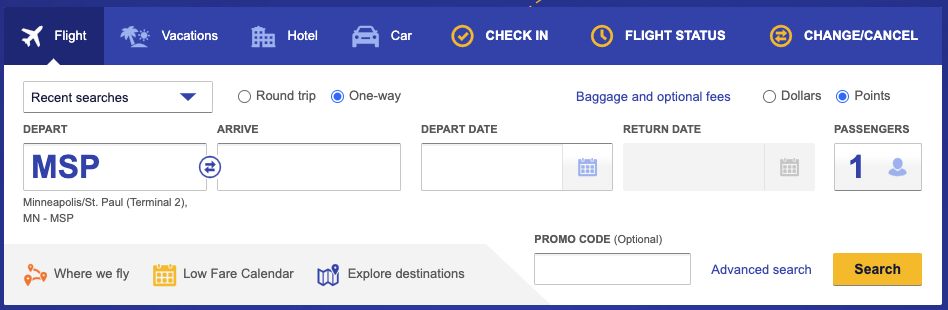 Screenshot of the main flight booking panel from Southwest.com. The option to book with points (as opposed to dollars) is selected. The booking panel has fields for departure and arrival city, departure and arrival date and promo code.